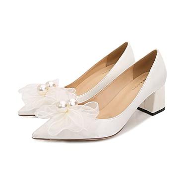 Imagem de Bigfanshu Sandálias femininas de salto alto para damas de honra salto alto 2021 pérola laço de fada vento fio principal sapatos de casamento sapatos de noiva salto grosso pés não cansados, Branco, 36 BR