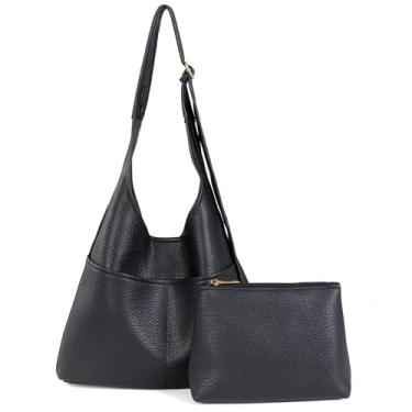 Imagem de Bolsa feminina Hobo despojada de 2 peças – Bolsa de trabalho de couro vegano macio com zíper, bolsa Hobo de outono para viagens diárias, Fivela preta