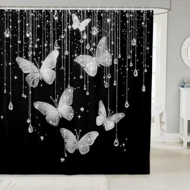 Imagem de Feelyou Cortina de chuveiro borboleta para banheiro com estampa de diamantes brilhantes para barracas banheiras acessórios de banheiro prata elegante tecido de poliéster impermeável com 12 ganchos 183