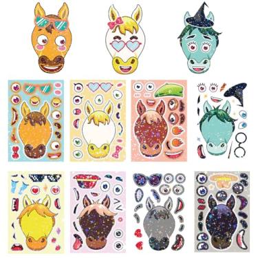 Imagem de 8 folhas em 1 pacote de adesivos de cavalo com glitter para crianças - Decalques removíveis DIY com acessório substituível para presente criativo de festa, atividade de viagem, decoração de álbum de