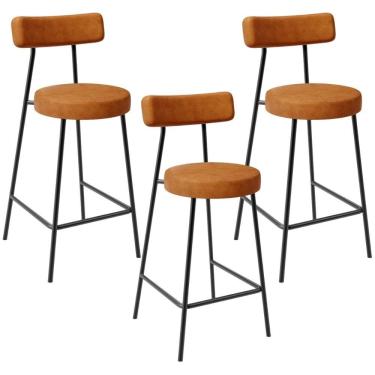Imagem de Kit 03 Banquetas Baixa Para Cozinha Sala De Jantar Bar Bancada Milão L02 Couríssimo Canela - Lyam Decor
