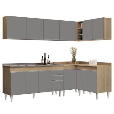 Imagem de Armário De Cozinha Modulado De Canto 6 Peças Cp33 Com Pia Inox Castanho/cinza - Lumil
