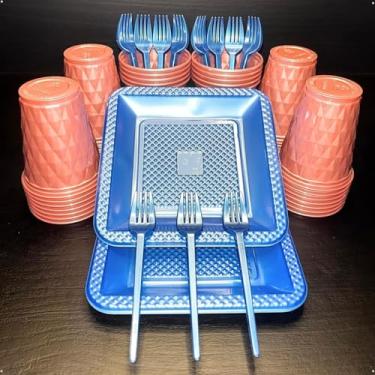 Imagem de Conjunto de luxo descartável para festas de aniversário com 260 peças Pratos quadrados de plástico colorido com efeito perolado Cores doces (Rose Azul Perolado)