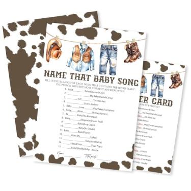 Imagem de Kit de jogos de chá de bebê - Name The Baby Song - Pacote com 50 cartas de jogo com tema de caubói com 1 cartão de resposta para meninos - anúncio de gênero revelar artigos de festa e decoração - F08