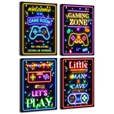 Imagem de Decoração de videogame para meninos adolescentes placa néon placa neon sala de jogadores bem-vindo pequeno homem caverna quarto adolescente decoração pronto para pendurar conjunto de 4, 30,5 x 40,6 cm