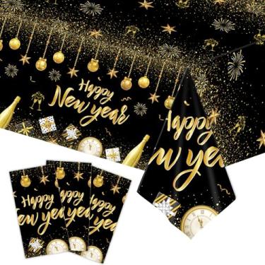 Imagem de Toalha de mesa de plástico feliz ano novo de 3 peças 137 x 277 cm – capas de mesa retangulares descartáveis pretas e douradas com fogos de artifício, champanhe e ornamentos para festas de Ano Novo