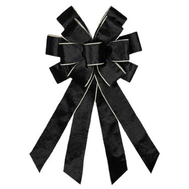 Imagem de LINGMIN Grande laço de Natal para guirlanda - Topper de árvore de fita preta vintage - Laços de veludo preto com bordas douradas para decoração de festa de Natal, suprimentos de decoração de casa