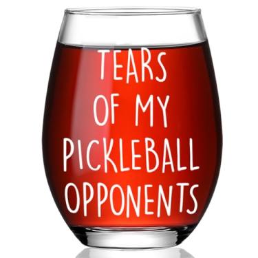 Imagem de Ymzkpoa Presentes engraçados de pickleball para mulheres, pai, marido, amigos, lágrimas de minhas bolas de pickleballs, copo de vinho sem haste, presentes de treinador de jogadores esportivos para