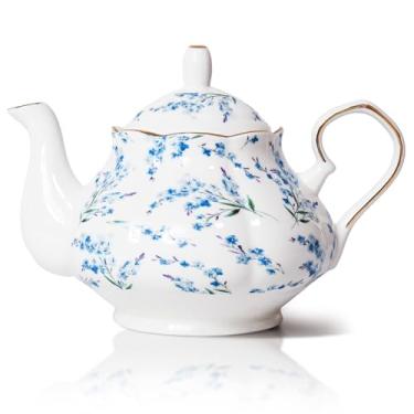 Imagem de HOMSUN Bule de chá grande de porcelana de 958 g, flores florais douradas, bule de chá, bule de chá para florescer folhas soltas, chá, café, leite, presente feminino, inauguração de casa, cozinha