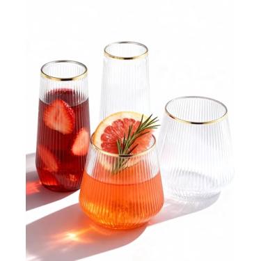 Imagem de Conjunto de 48 copos de plástico ondulados de origami com nervuras descartáveis - 24 taças de champanhe sem haste de 255 g e 24 copos de 340 g, sem BPA e inquebráveis para casamentos, festas e eventos