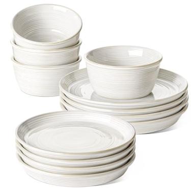 Imagem de LE TAUCI Conjunto de pratos para 4, conjunto de pratos e tigelas de grés, louça de cerâmica de fazenda, seguro para micro-ondas e lava-louças, empilhável, 12 peças, branco ártico (jantar de 25 cm +