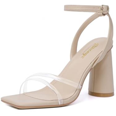 Imagem de RIBONGZ Sandálias femininas de salto alto quadradas grossas de salto alto com tiras de salto alto com tiras no tornozelo, sapatos de noiva de casamento e salto alto para vestido de festa, Transparente