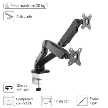 Imagem de Suporte A Gás Para 2 Monitores 17'' A 32'' Vesa 100x100 Sm-341b