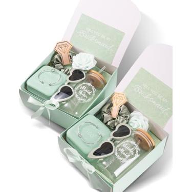 Imagem de Presentes de pedido de dama de honra, presente de dama de honra, inclui caixa de presente de casamento, caixa de joias, bolsa de maquiagem, pulseira, flor de espuma, cartão convidado, óculos, taça de