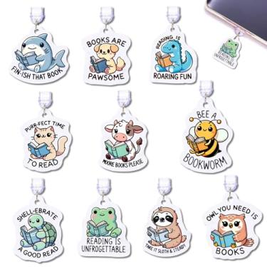 Imagem de Pacote com 10 berloques com tema animal para E-Reader Kindle Dust Plug, compatível com tablets Kindle, porta de carregamento, iPad tipo C, presente para amantes de livros, estudantes, professores