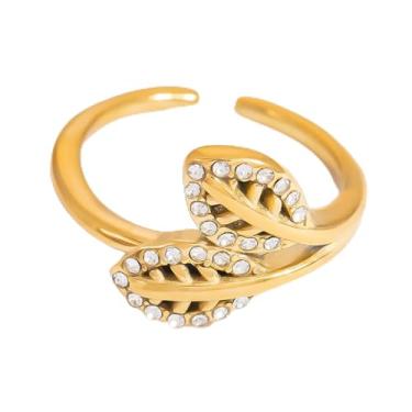 Imagem de Anel de declaração aberta de folha de strass, aço inoxidável, folhas ocas, ajustáveis, empilháveis, anéis de noivado de casamento de compromisso, banhado a ouro 18K, ajuste confortável, joia delicada