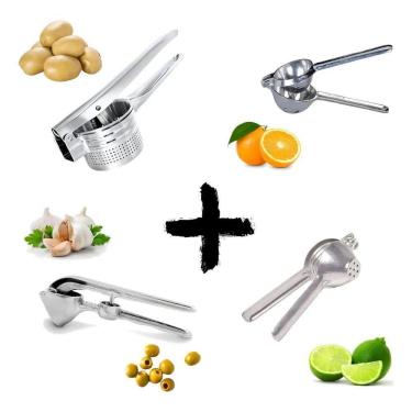 Imagem de 2X Kit 4 Espremedor Alho, Laranja, Batata E Limão Em Alumini