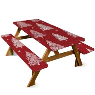 Imagem de ANNA QUEEN Conjunto de capa de mesa de piquenique de árvore de Natal vermelha de 1,82 m x 76 cm, à prova d'água, banco e toalha de mesa, proteção de móveis para acampamento, praia, churrasco, pátio