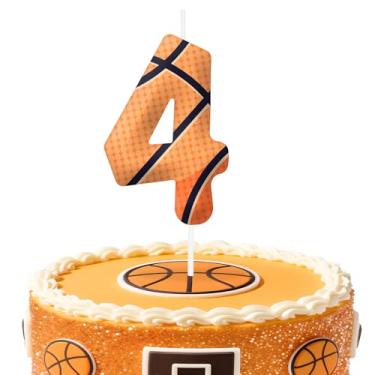 Imagem de Velas de aniversário de basquete número 4, topo de bolo com tema de basquete para meninos e meninas, decorações de bolo para aniversários, suprimentos de festa com tema esportivo, velas para