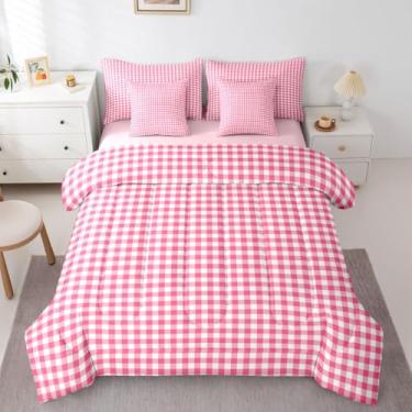 Imagem de Feelyou Conjunto de edredom solteiro guingão rosa com 7 peças, para crianças, meninos, meninas, estilo moderno, xadrez, decoração de quarto, microfibra leve e macia