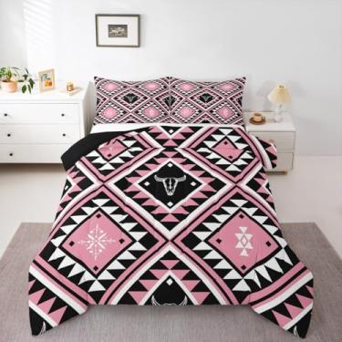 Imagem de Erosebridal Conjunto de edredom rústico do sudoeste, rosa, boêmio, asteca, para meninas adolescentes, touro, caveira, oeste, tribal, boêmio, geométrico, diamante, decoração de quarto