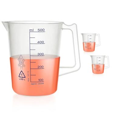 Imagem de Conjunto de copos de plástico, 2 peças de copos medidores de 500 ml com alça e bico, jarro de medida de 500 ml com balanças impressas em azul para bricolage, enchimento de gasolina, piscinas e