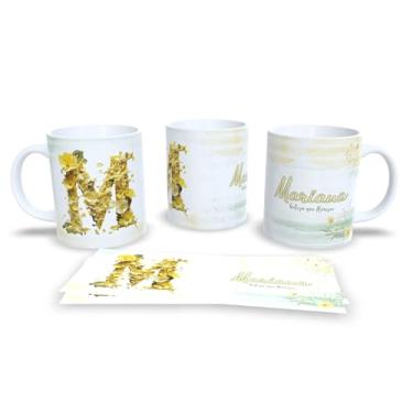 Imagem de Caneca Personalizada com Flores Douradas, Cerâmica Branca, 325ml, Decorativa com Nome Alice e Frase Beleza que Floresce (m)