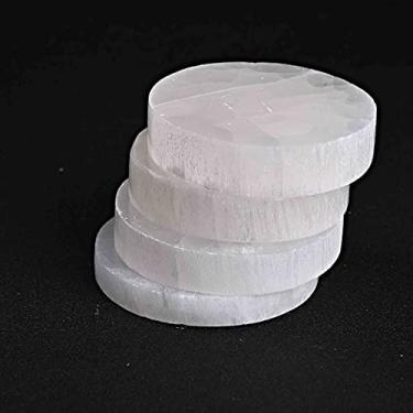 Imagem de JIC Gem Conjunto de placa plana selenita branca natural polida de 7,6 cm para carregamento de cristal, porta-copos de pedras preciosas de selenita