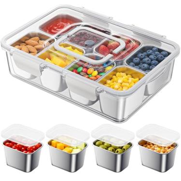 Imagem de Osfel Recipiente para lanche com 8 compartimentos removíveis de aço inoxidável, bandeja de lanche dividida com alça portátil para praia, viagem, piquenique, dias de barco, jogos de bola, piscina e
