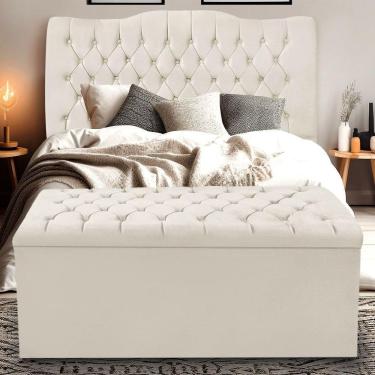 Imagem de Kit Cabeceira E Calçadeira Baú Dunas Casal 140 Cm - Veludo Bege Claro