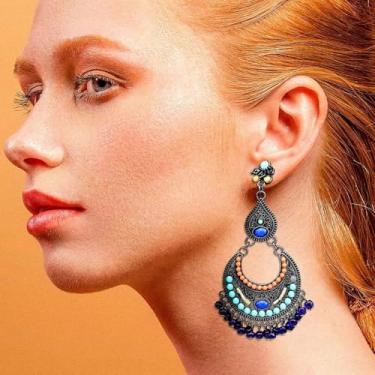 Imagem de Brincos femininos indianos do Oriente Médio tribal vintage lua crescente pedra azul Jhumki Jhumka Banjara Kuchi dança do ventre brincos oxidados ciganos, One size, Liga de aço, Sem pedra preciosa