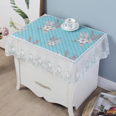 Imagem de Toalha de mesa de cabeceira retangular pequena bordada floral com acabamento em renda capa de mesa de cabeceira rústica de casa de fazenda capa de mesa de algodão para decoração de quarto - azul