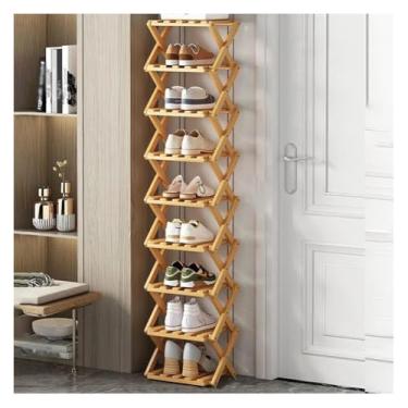 Imagem de SPXMQSS Sapateira dobrável de bambu, sapateira portátil de madeira, armário de sapatos de pé livre, prateleira de armazenamento multifuncional para entrada no quarto, sem instalação, marrom, 9 níveis
