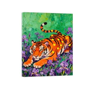 Imagem de Animais Pintura Arte Parede - Tigre em Flores - Impressões em tela - Moderno Colorida Pôster para decoração sala de estar 50x65cm Tela Embrulhada