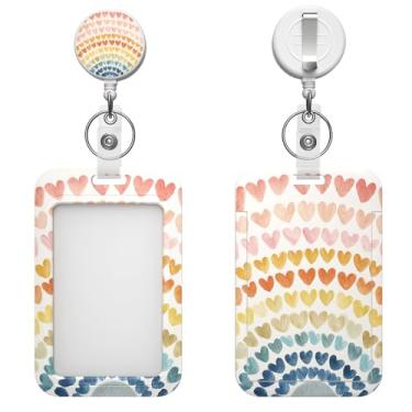 Imagem de Porta-crachá retrátil com clipe de mosquetão e chaveiro, várias opções de padrões, bonito e moderno (coração arco-íris)