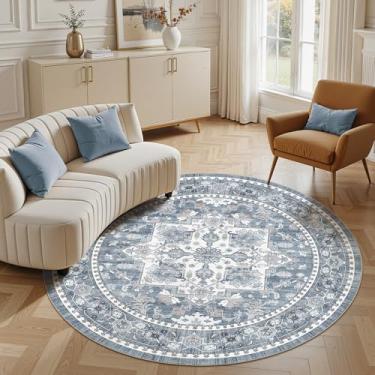 Imagem de Micgeek Tapete redondo de 1,8 m: tapete lavável vintage neutro macio antiderrapante grande para sala de estar, quarto, cozinha, sala de jantar, casa, escritório, casa de fazenda, interior - azul