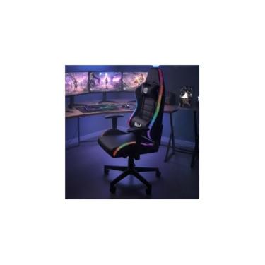 Imagem de Cadeira Gamer Giratória com Luzes RGB, Couro Sintético, Preto e Branco, Reclinável 180°, Elevação a Gás, Base Nylon 350mm, Suporta 120kg