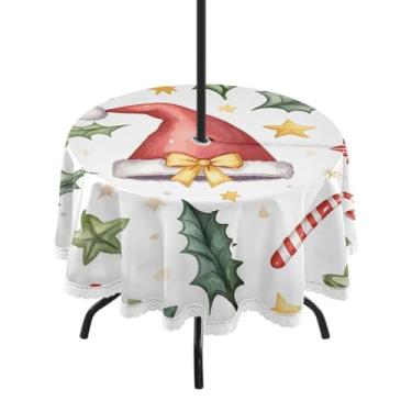 Imagem de CEBUGI Toalha de mesa redonda para uso ao ar livre, padrão natalino, aquarela, impermeável, com furo Umberlla, capa de mesa lavável para pátio, cozinha, sala de jantar, 152 cm