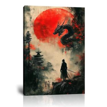 Imagem de chenchenArt Impressão de arte de parede japonesa Samurai decoração de parede para sala de estar quarto arte asina dragão com pôster samurai emoldurado pronto para pendurar (45,7 cm L x 61 cm A)