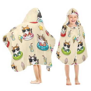 Imagem de Burbuja Toalha de banho com capuz para crianças, gatos, cães, desenhos animados, toalha de praia de pelúcia absorvente para meninas e meninos 3-10 anos, 61 x 127 cm