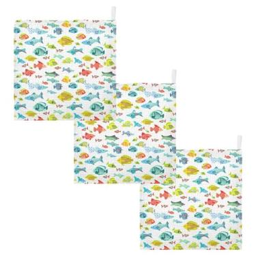 Imagem de Burbuja Toalhas de bebê coloridas Peixes - Toalha de bebê absorvente macia de algodão musselina para pele sensível do bebê recém-nascido - Item essencial para bebês, 30,5 x 30,5 cm, pacote com 3