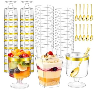 Imagem de mwellewm 300 pacotes de copos de sobremesa com colheres, mini copo de parfait de plástico transparente de 142 g para festa, copo redondo quadrado do deserto copo redondo com aro dourado pequeno