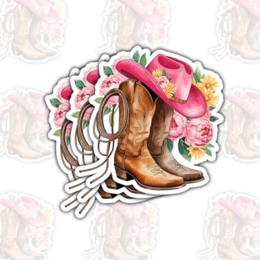 Imagem de 3 peças de botas de vaqueira ocidental adesivo de chapéu rosa, botas de cowboy floral country com decalque de corda, adesivo de rodeio estético de vaqueira fofa para laptop, garrafa de água, capacete
