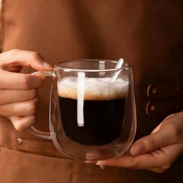 Imagem de Caneca de café isolada de parede dupla 350 ml - Copo de vidro térmico com alça, caneca de viagem para bebidas quentes e frias, uso em escritório doméstico