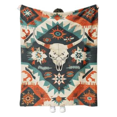 Imagem de Cobertor tribal do sudoeste, cobertor de lã macia asteca de caveira de touro para cochilos, atividades ao ar livre, viagens, escritório, presente (101,6 x 127 cm)