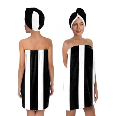 Imagem de Conjunto de envoltório de banho listrado preto e branco com turbante de cabelo, envoltório de toalha de spa padrão preto e branco, roupão de toalha para mulheres