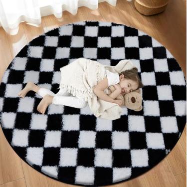 Imagem de TOOHUB Tapete supermacio, tapete redondo para quarto, 1,8 m x 1,8 m, preto e branco, tapete redondo, antiderrapante, fofo, macio, macio para sala de estar, quarto, quarto de crianças