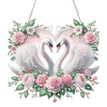 Imagem de Eiflow Kit de pendurar arte de diamante acrílico para adultos, kit de pintura de diamantes faça você mesmo, enfeite especial de pingente de pintura de diamante de cristal (cisnes)
