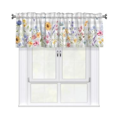 Imagem de Evlaschin 137 cm x 45,7 cm saia floral primavera janela aquarela verão flor cinza búfalo xadrez cozinha sanefas 1 pacote com borboleta silvestre bolso para varão cortina para banheiro quarto decoração