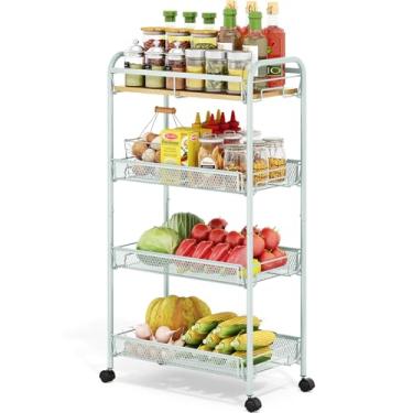 Imagem de TOOLF Carrinho de rodinhas de 4 camadas, carrinho utilitário de metal, carrinho de armazenamento deslizante com mesa de madeira e cestas de malha para espaço estreito na cozinha, banheiro, lavanderia